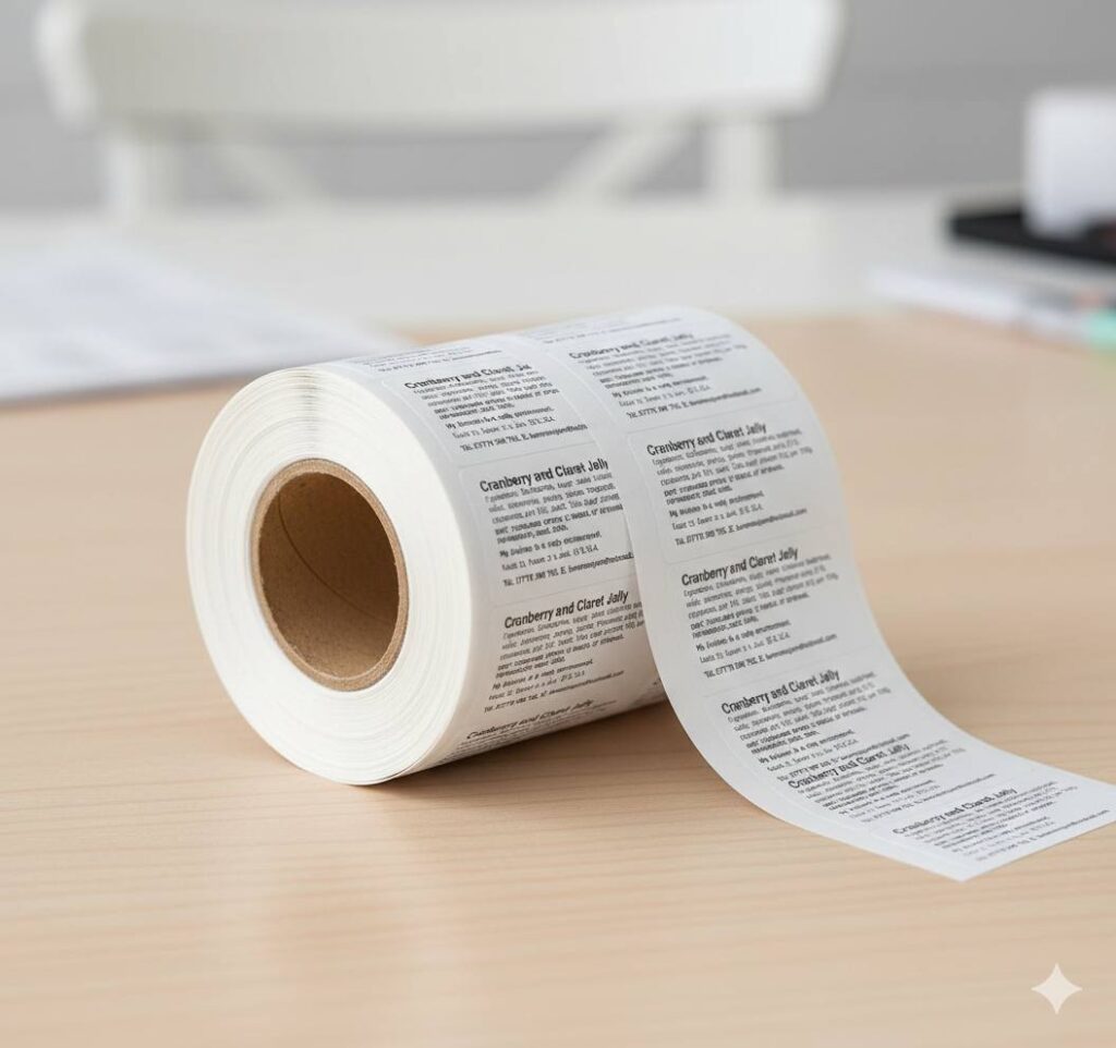 Roll of custom printed product labels designed for bottles, jars and retail packaging.