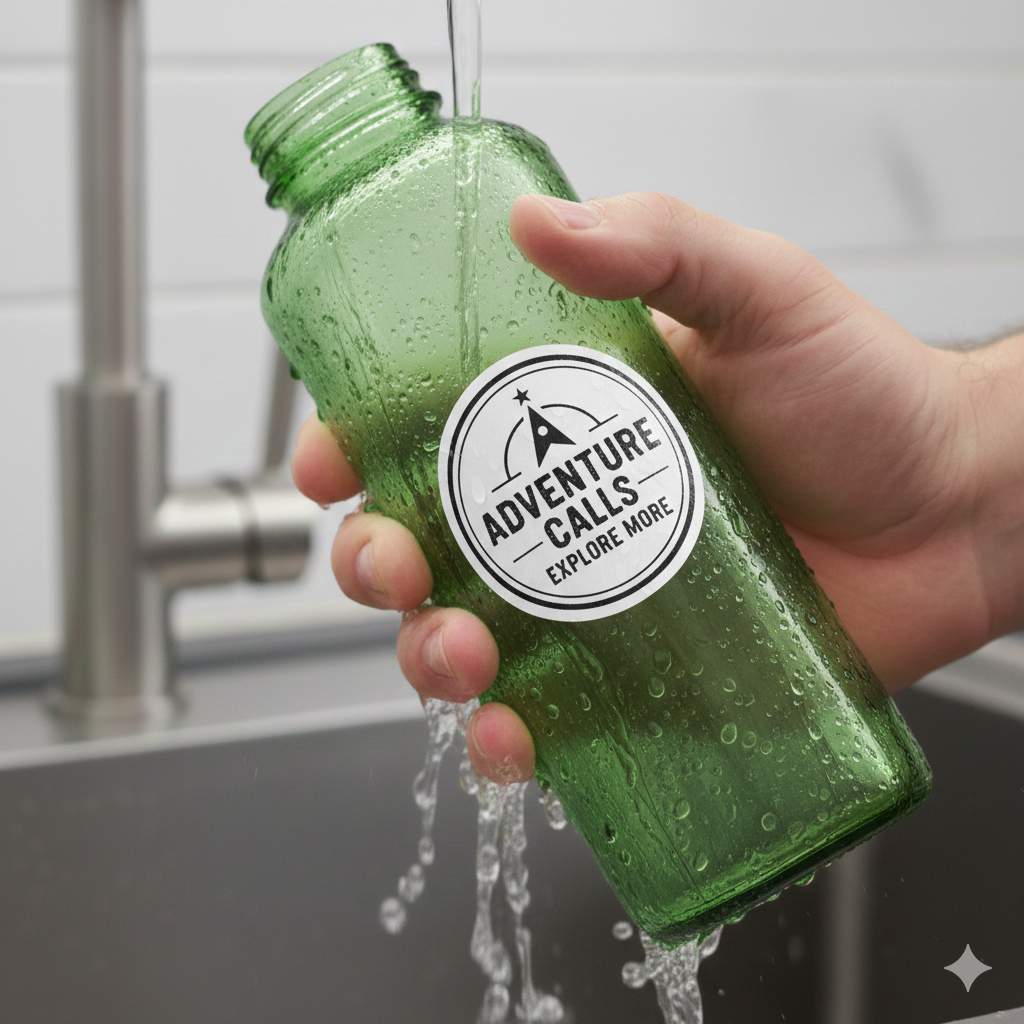Waterproof sticker being rinsed under running water, demonstrating durability and water resistance.