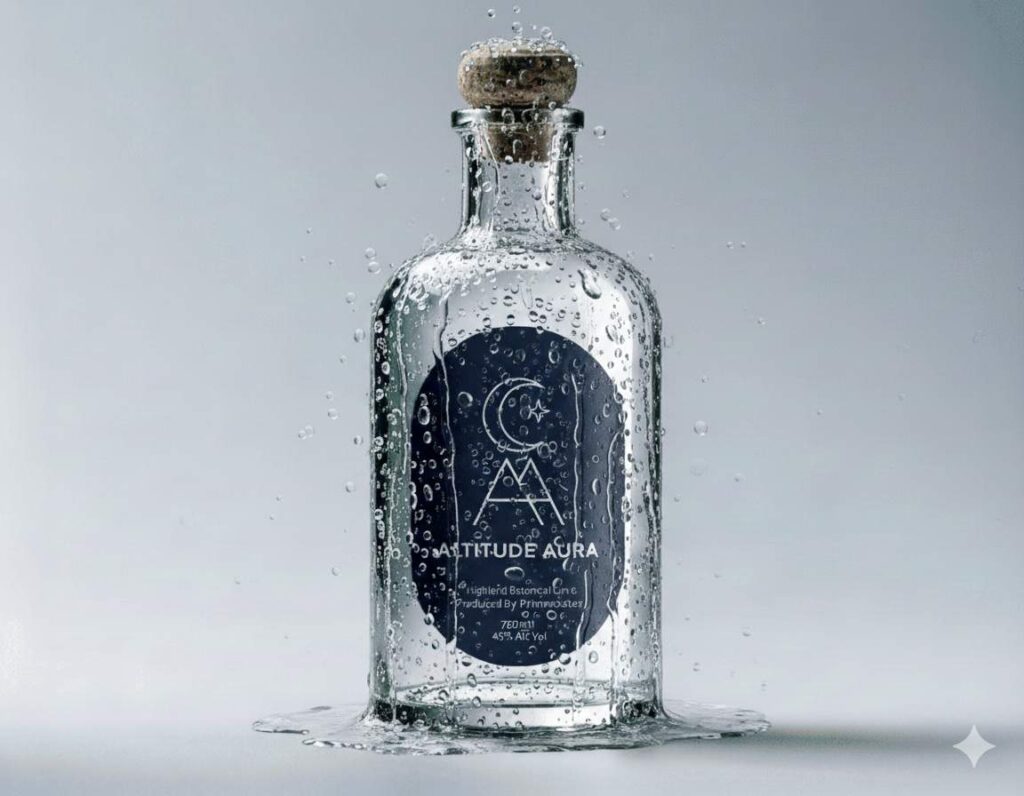 Waterproof vinyl sticker applied to a bottle, showing strong adhesion and moisture resistance.