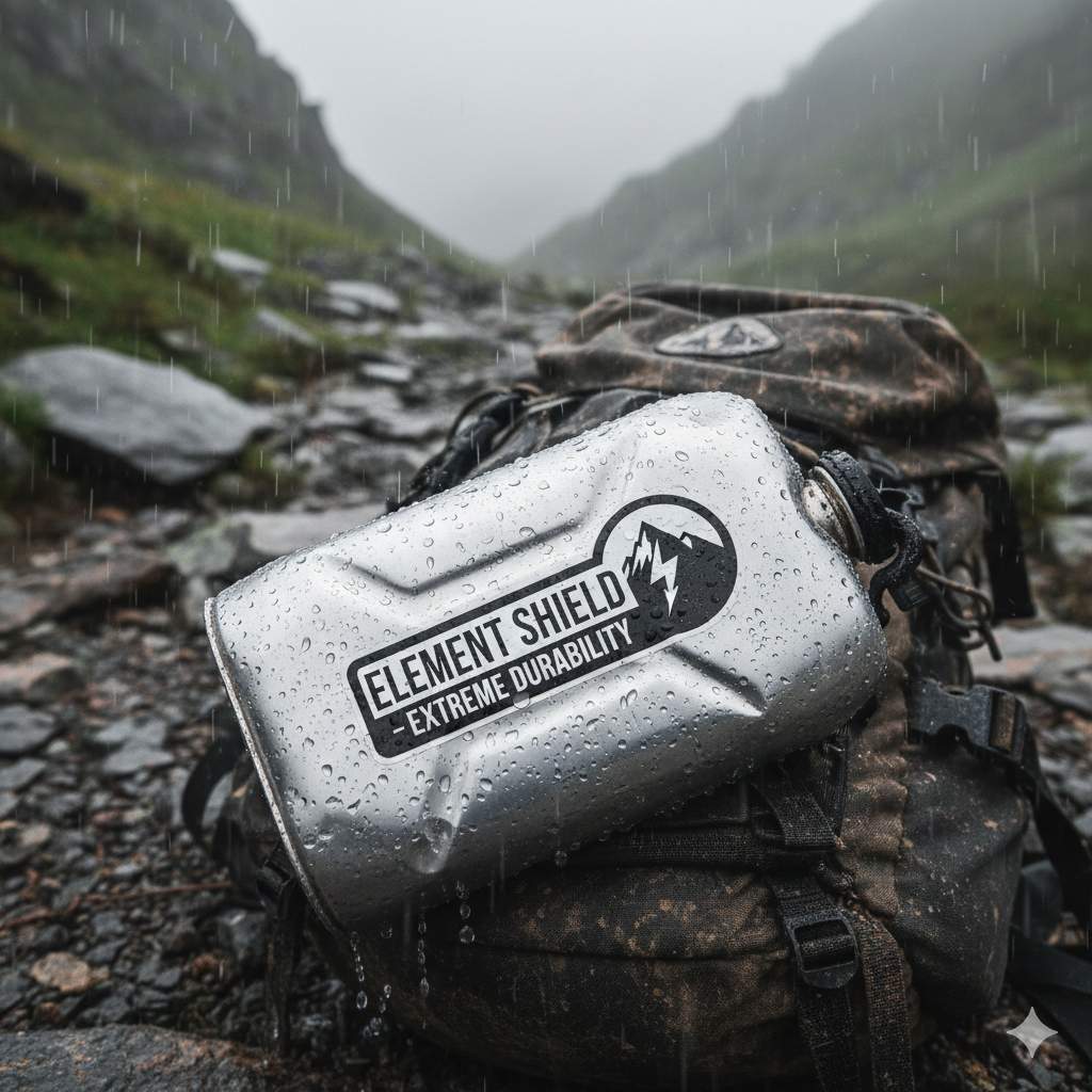 Waterproof vinyl sticker applied to outdoor equipment, showing durability in wet and rugged conditions.