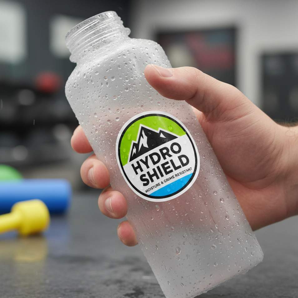 Waterproof sticker applied to a reusable sports bottle, demonstrating resistance to moisture and handling.