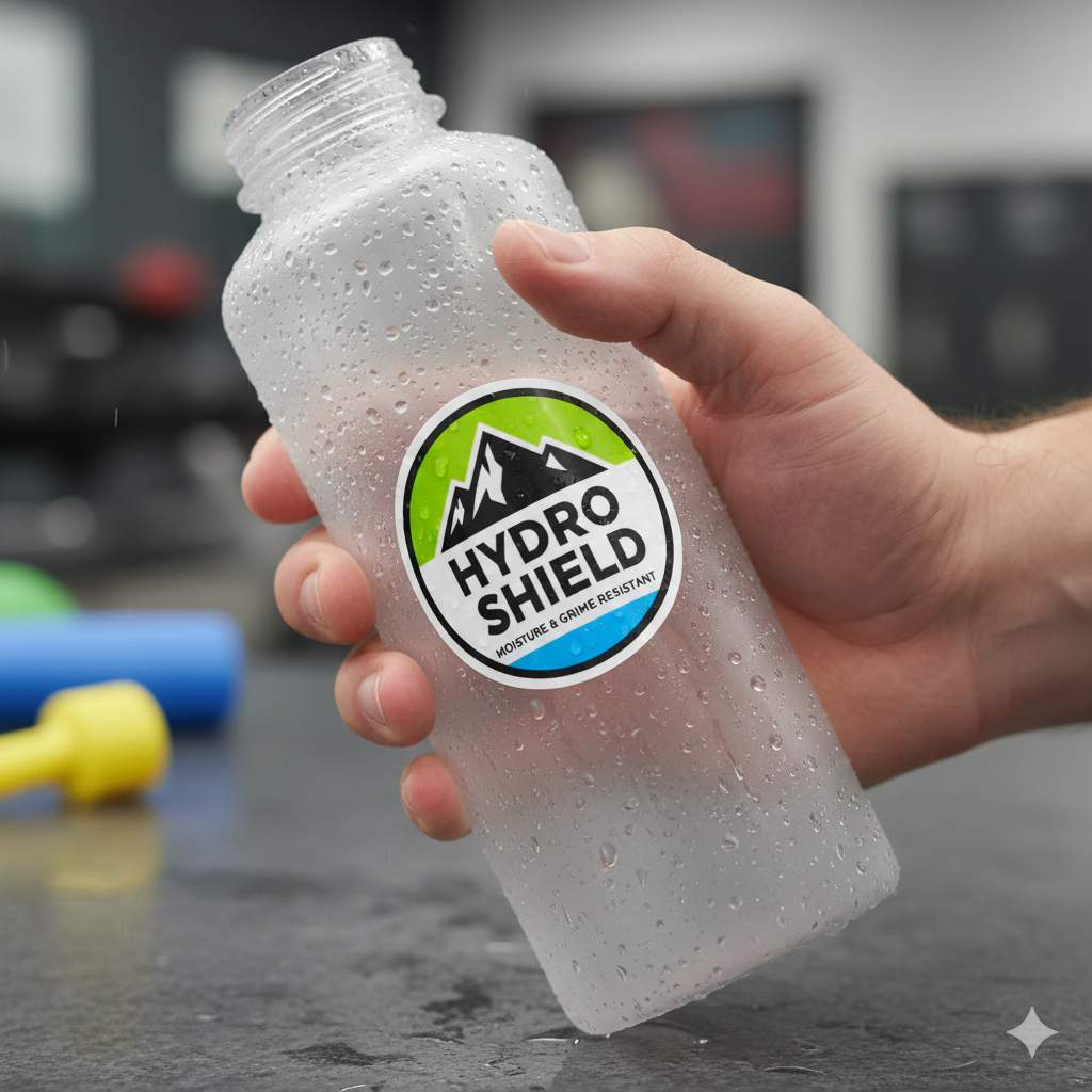 Waterproof sticker applied to a reusable sports bottle, demonstrating resistance to moisture and handling.