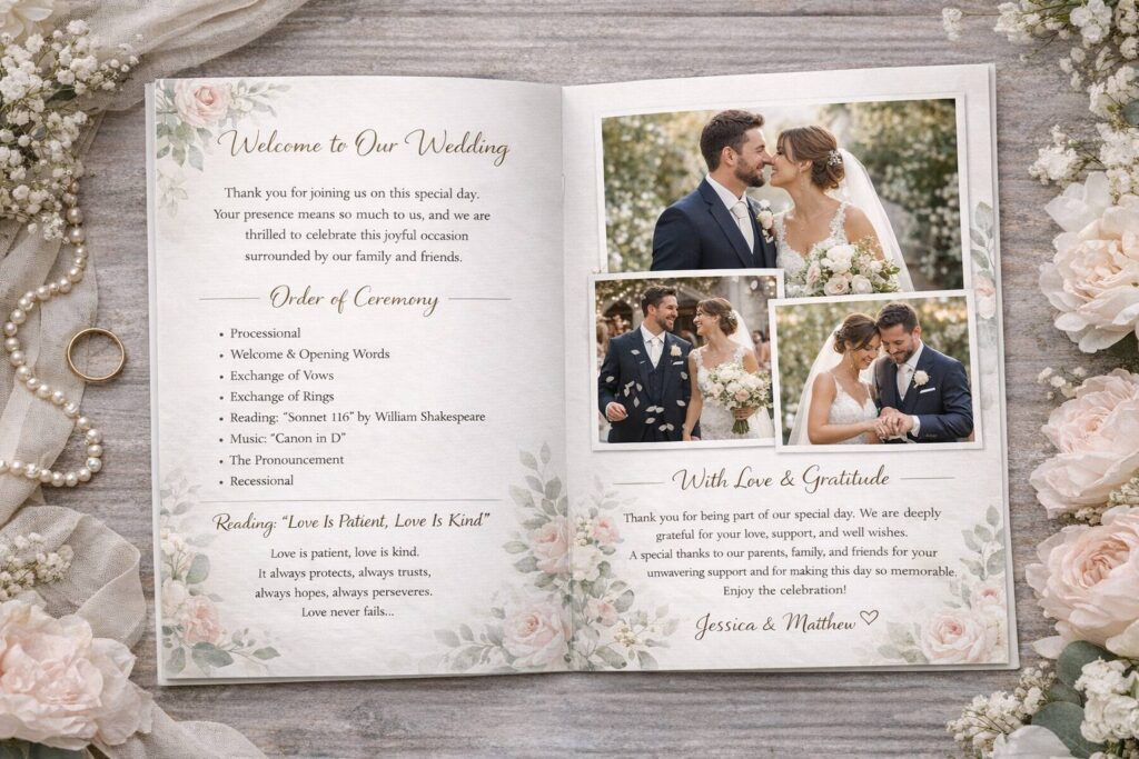 Order of service booklets printed for funerals, weddings and ceremonies