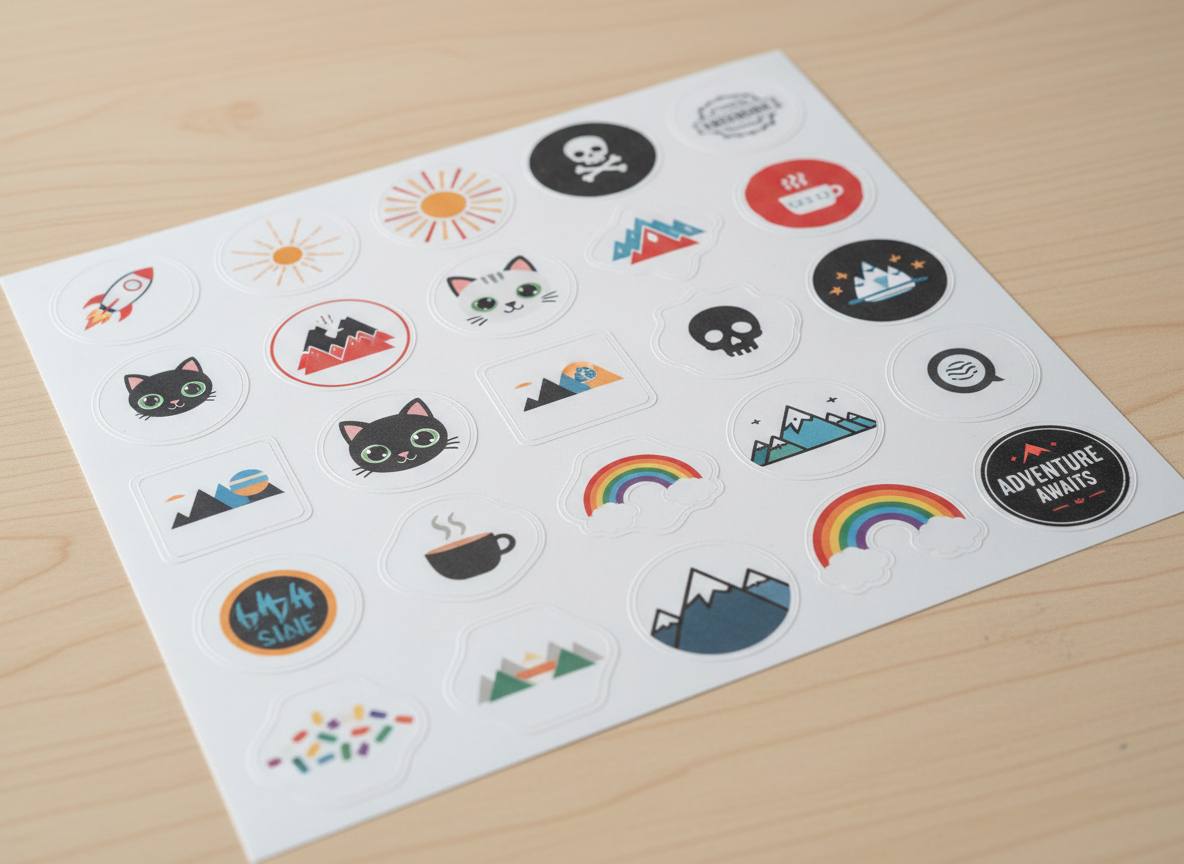 Multiple die cut stickers arranged on a printed sheet at Printmonster