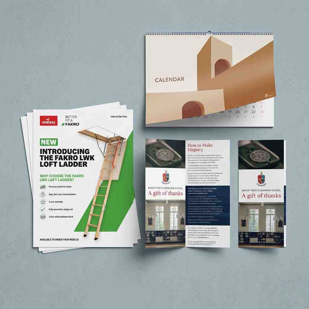 Marketing materials including brochures, flyers, folders and calendars printed by Printmonster