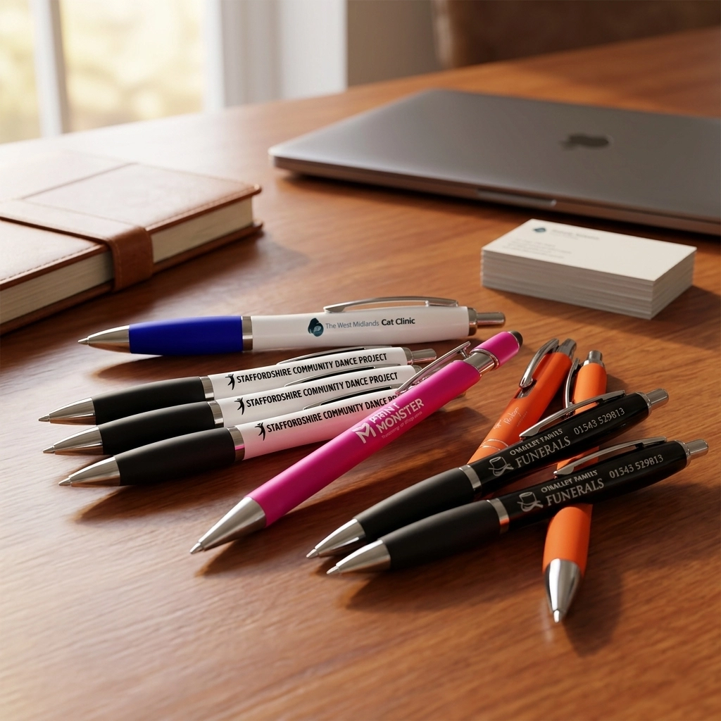Branded pens printed with company logos at Printmonster in Cannock