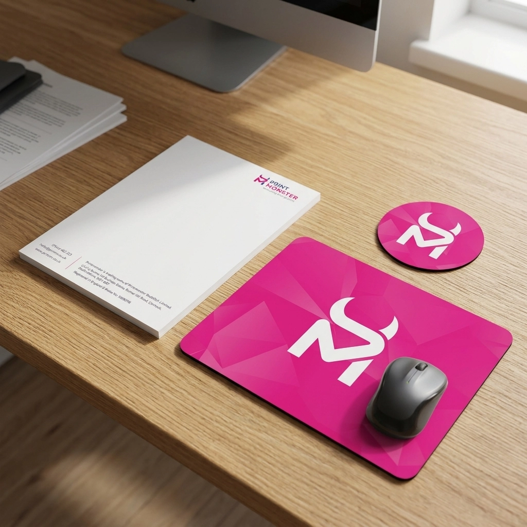 Custom printed desk accessories including mouse mats and coasters produced at Printmonster in Cannock