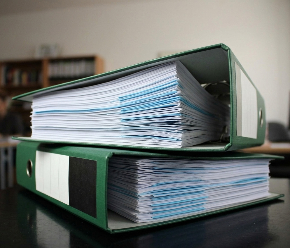 Document printing including reports, forms and multi‑page sheets arranged on a clean surface.