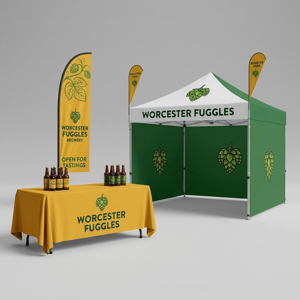 Exhibition extras including flags, signs, tablecloths and gazebos.