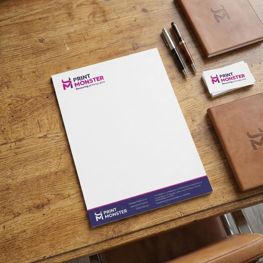 Letterhead printing shown on premium paper with clear branding and sharp colour accuracy.