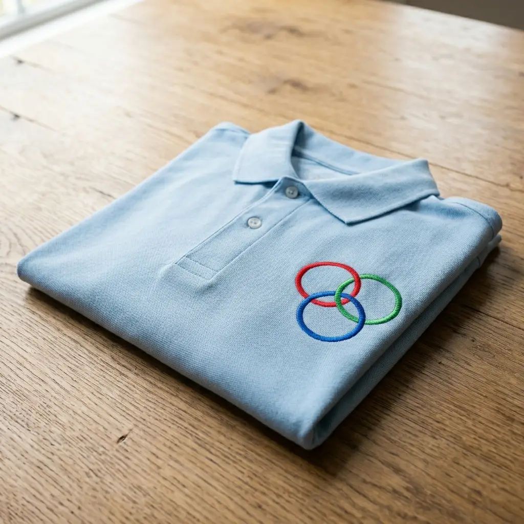 Close-up of logo embroidery on polo shirts for professional workwear teams in Staffordshire and the West Midlands