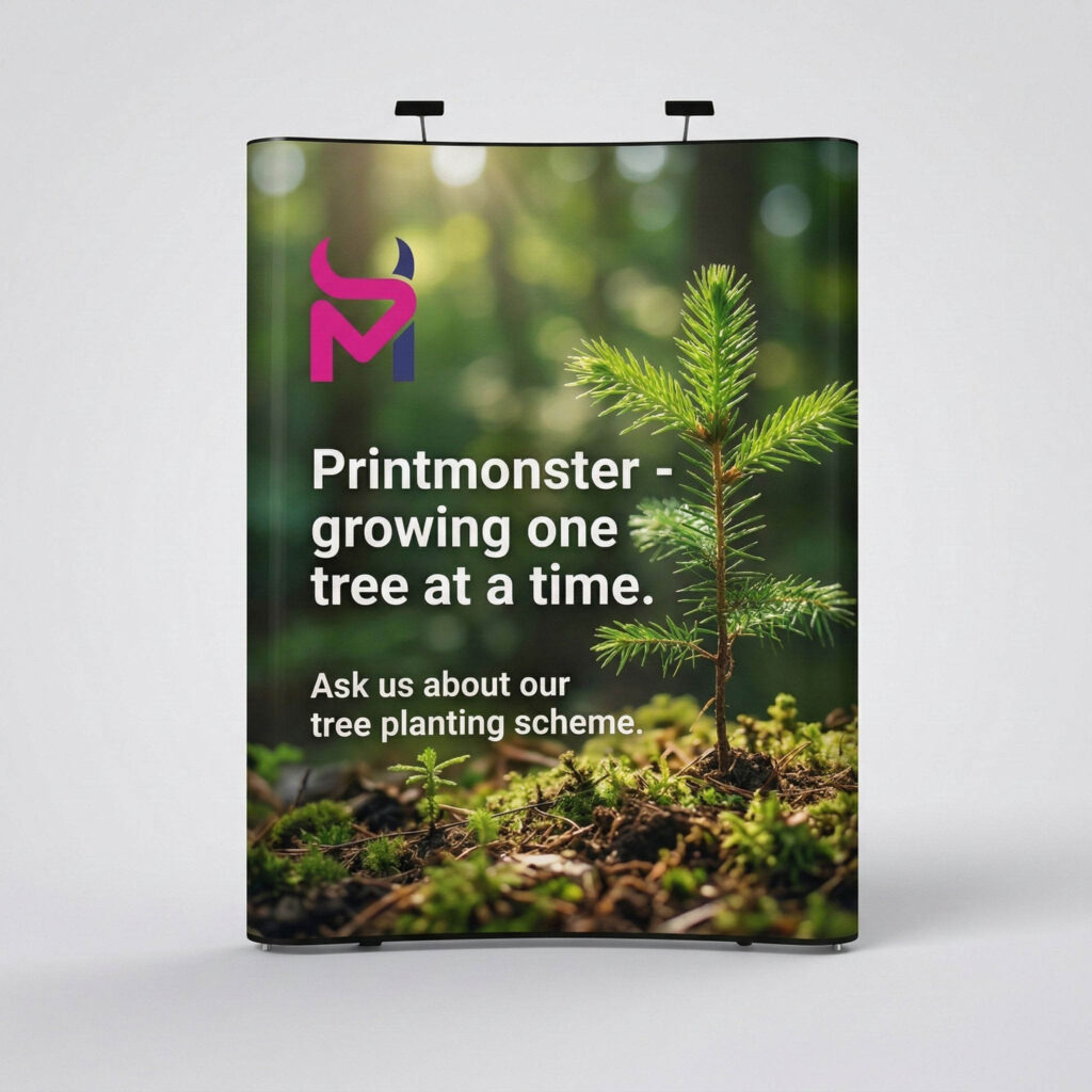 Fabric display stand printing. Curved and straight pop up display stands with graphics set up in an exhibition space.