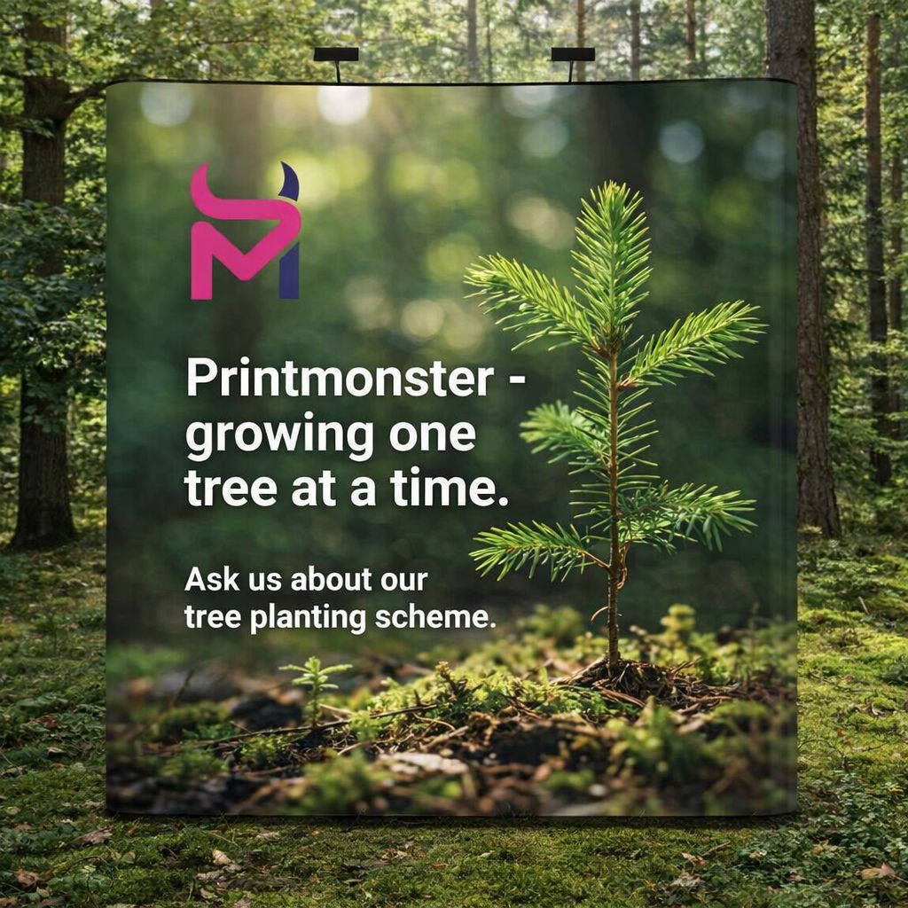 Curved and straight pop up display stands printing with graphics set up in an exhibition space.