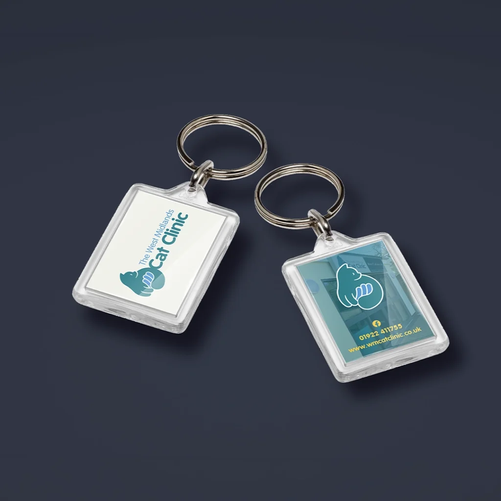 Promotional branded keyrings printed with company logos at Printmonster in Cannock