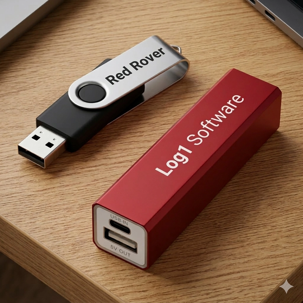 Promotional tech items including power banks and USB sticks produced at Printmonster in Cannock