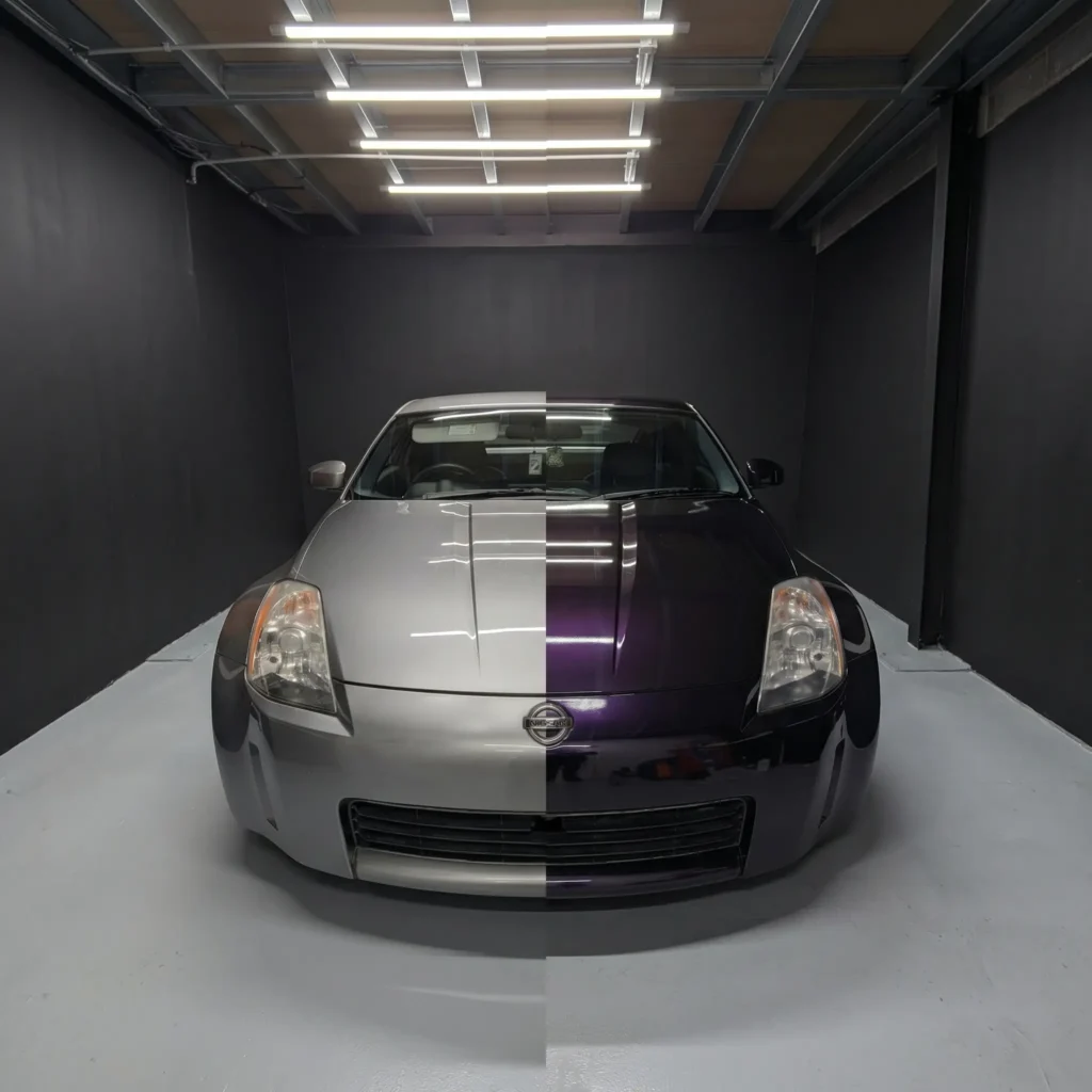 A car receiving a full colour change wrap, showing a flawless new finish applied by Printmonster in Cannock.