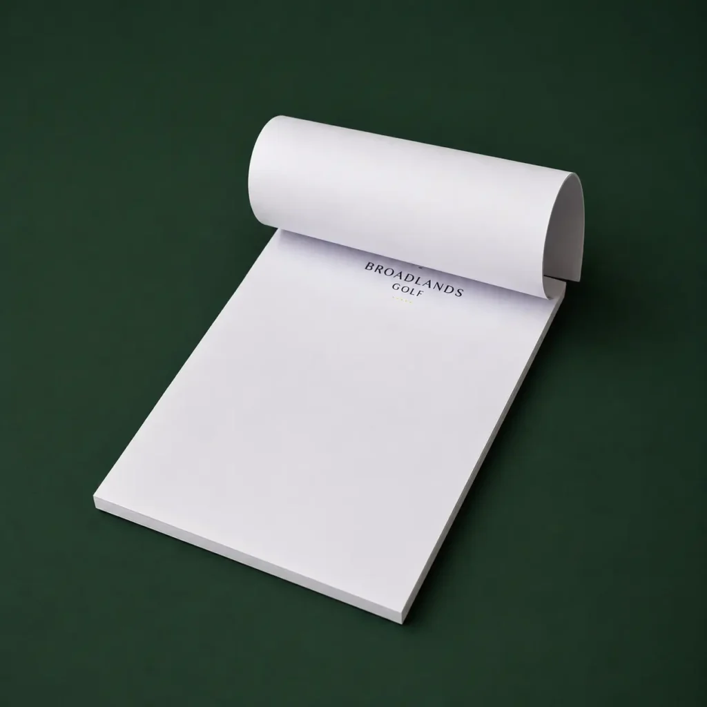 Branded notepads designed to match Broadlands Golf corporate colours