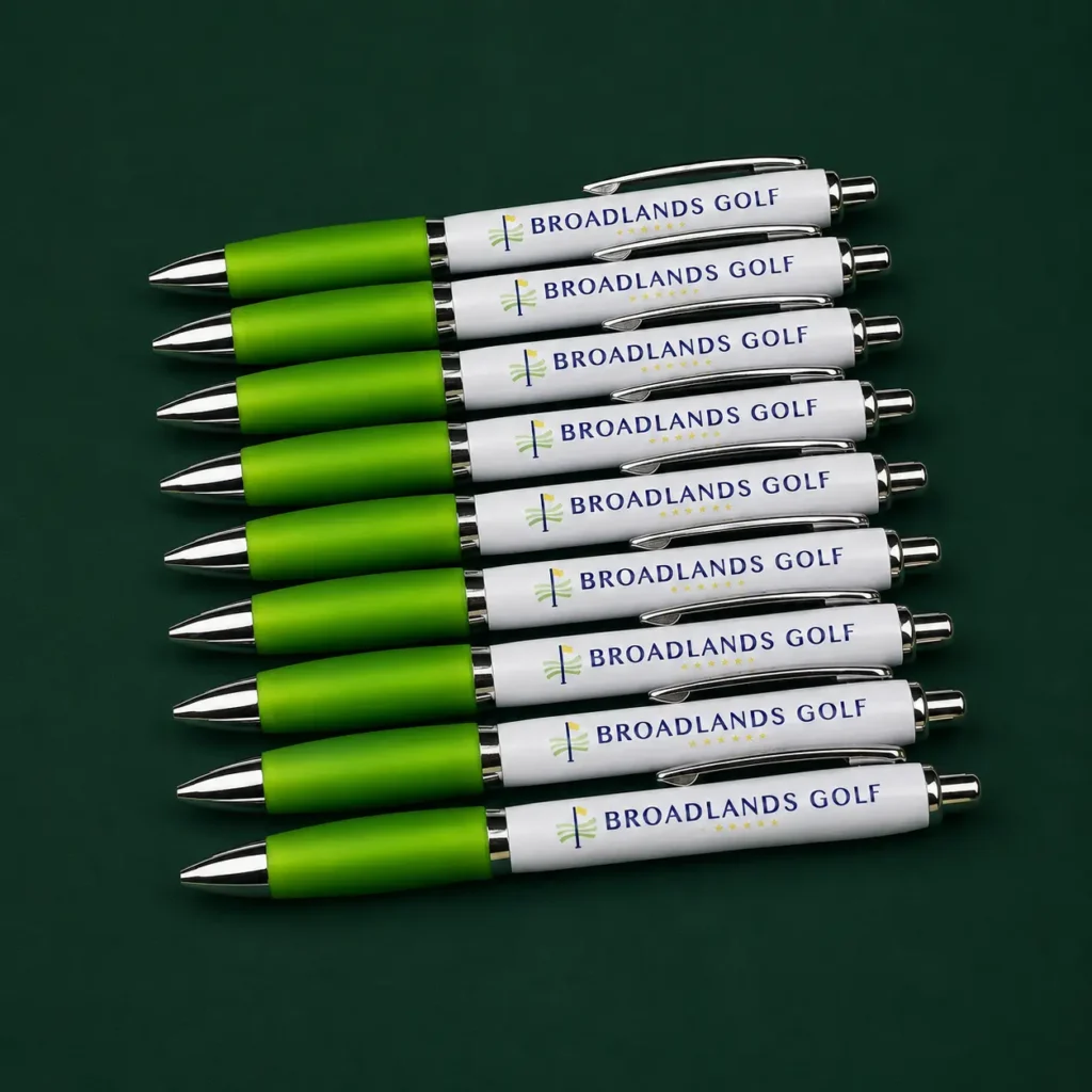 a collection of branded pens