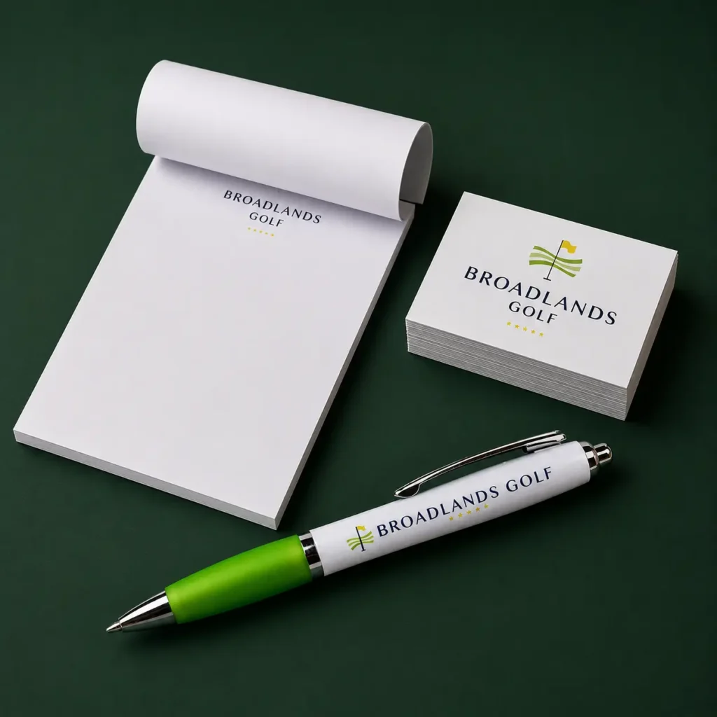Branded pens, business cards and notepads printed for Broadlands Golf by Printmonster