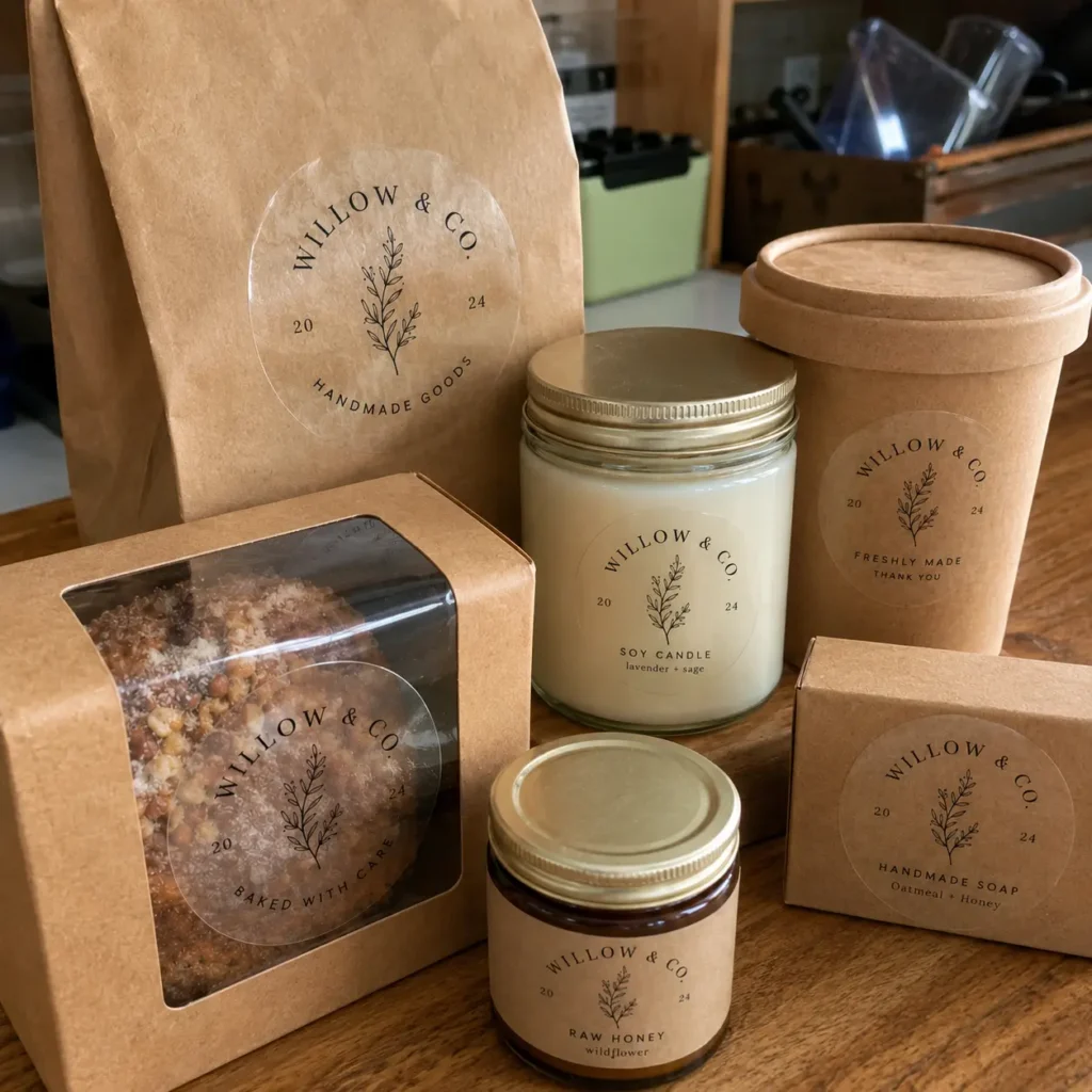 Clear stickers applied to product packaging for a local business