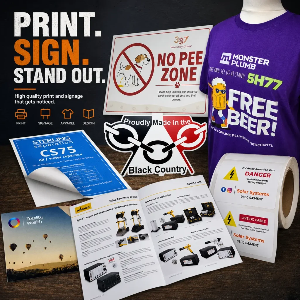 Selection of printed stickers, brochures, workwear and signage produced by Printmonster