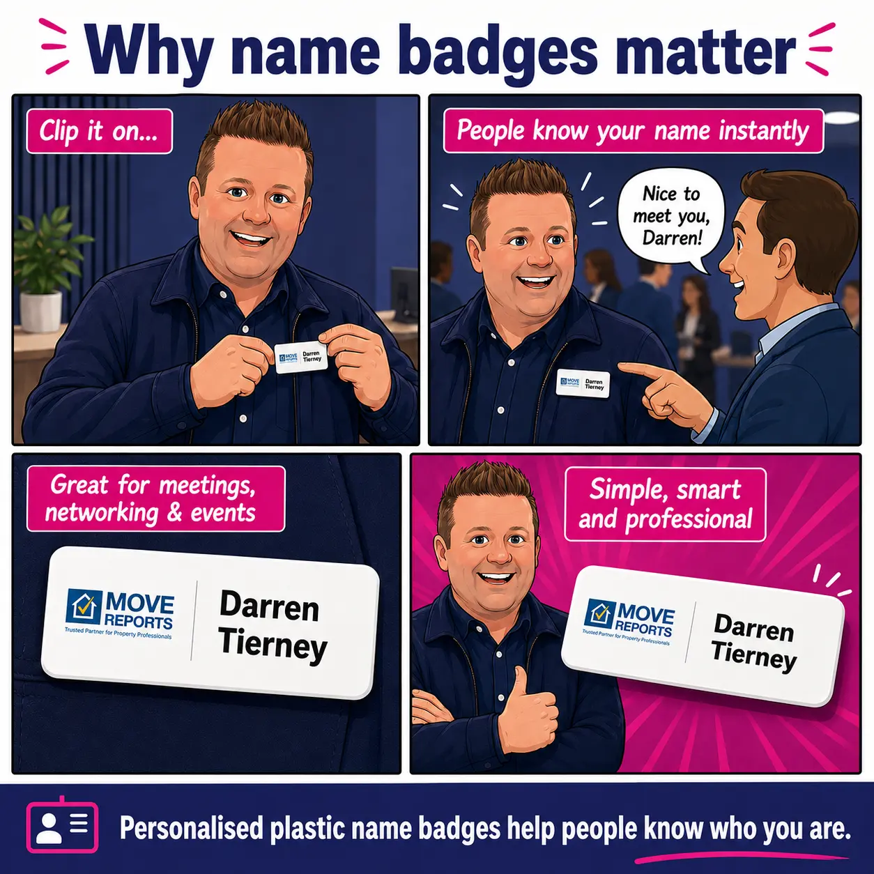 Staff name badges for a local business in the West Midlands