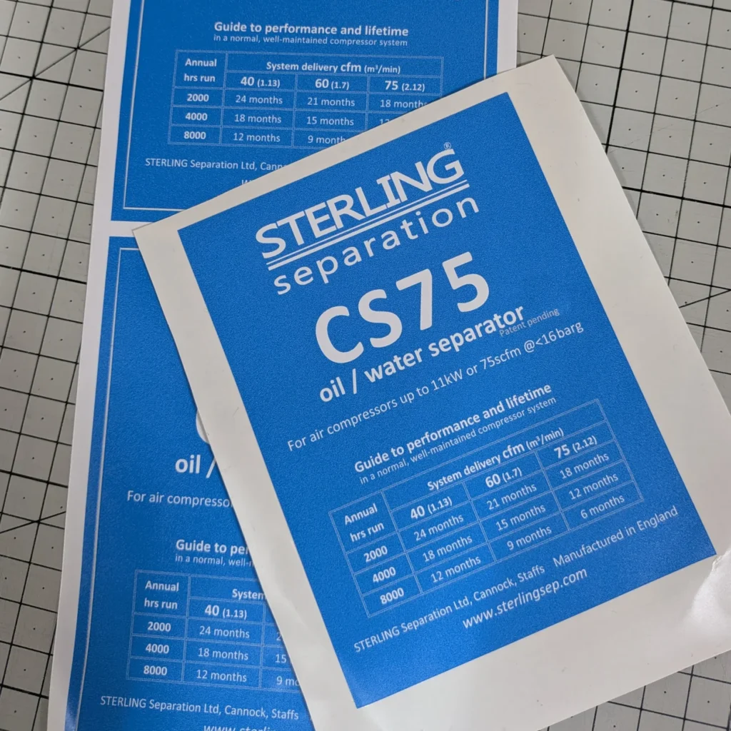 Vinyl label printed by Printmonster for Sterling SEP oil and water separator equipment