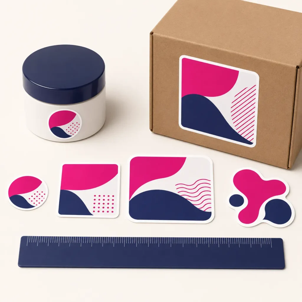 Different sticker sizes arranged beside a ruler and product packaging
