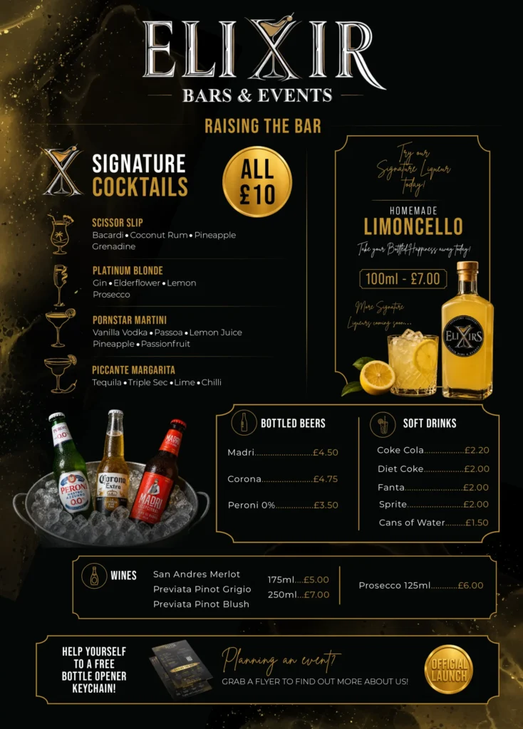 Printed Foamex drinks menu board for a premium mobile bar