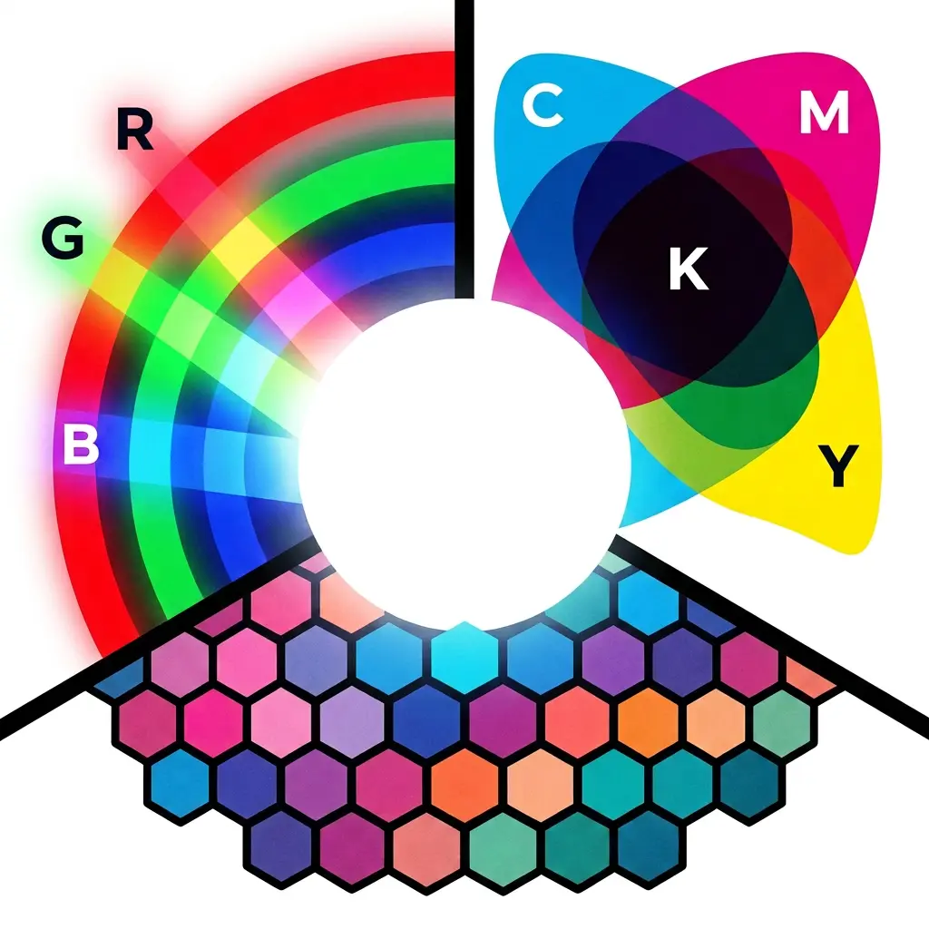 RGB and CMYK colour diagrams beside printed colour samples