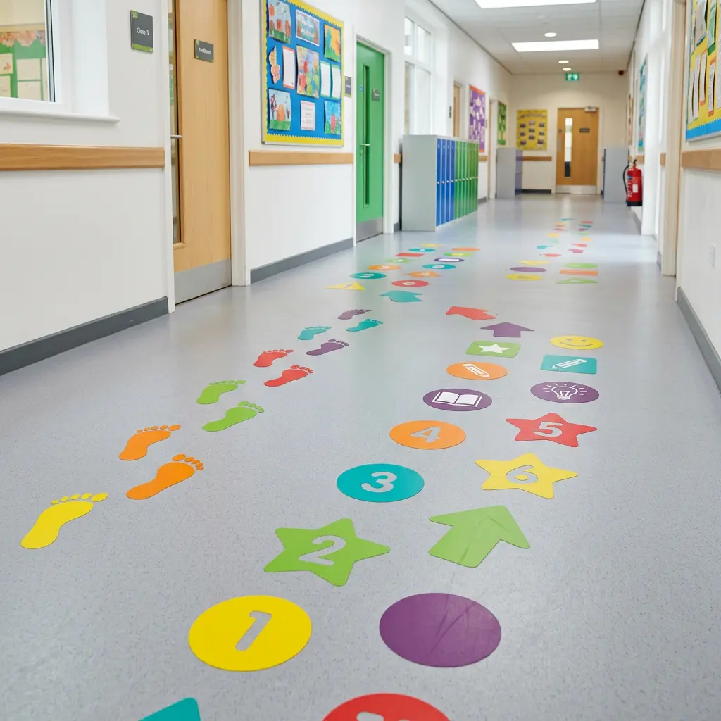 Custom shaped printed floor graphics prepared for installation
