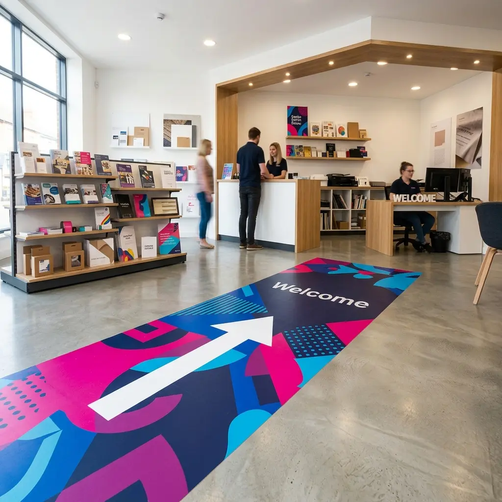 Printed directional floor graphics guiding visitors through a commercial space.