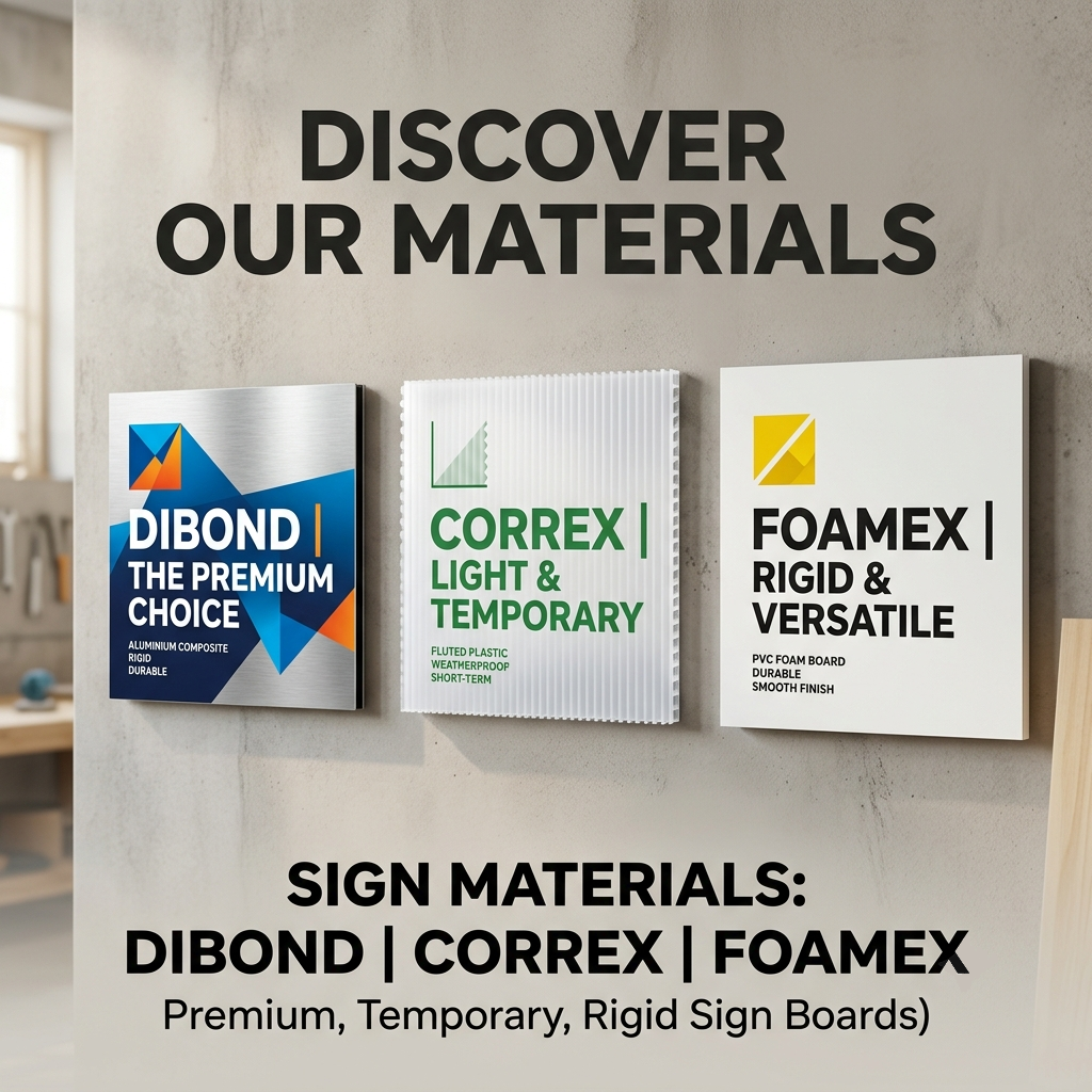 foamex-vs-correx-vs-dibond-sign-guide Printed Foamex, Correx and Dibond sign boards displayed side by side