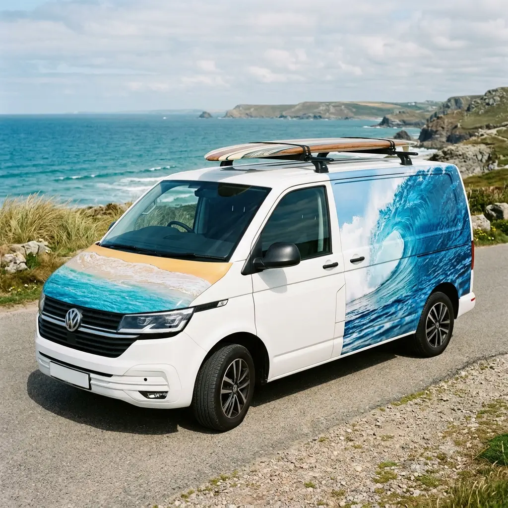 Partial printed wrap across the side panels of a van
