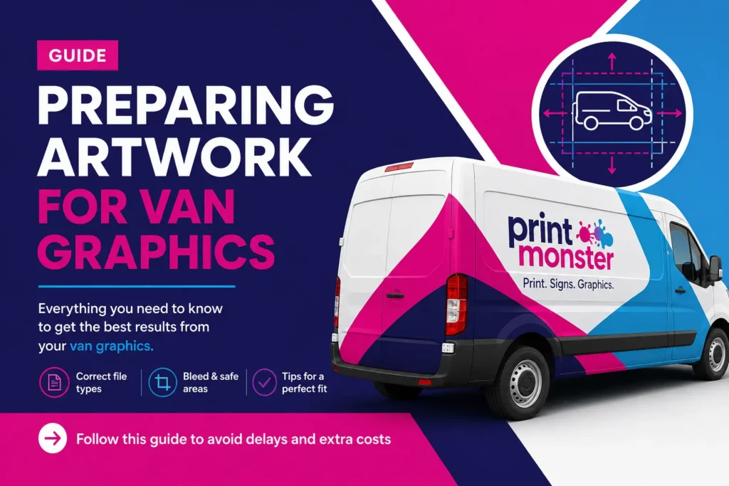 Branded business van used to explain how to prepare artwork for van graphics