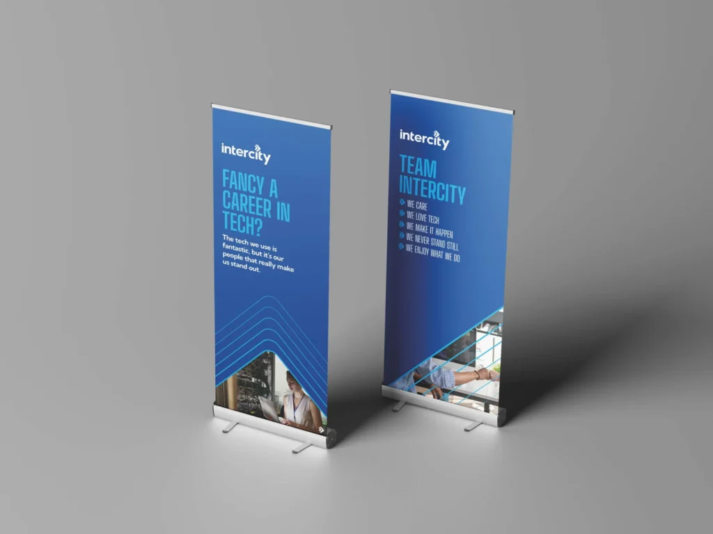 Printed roller banner standing in an indoor event space
