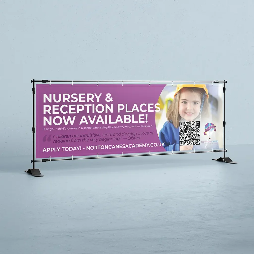 vinyl banner mounted in a support frame