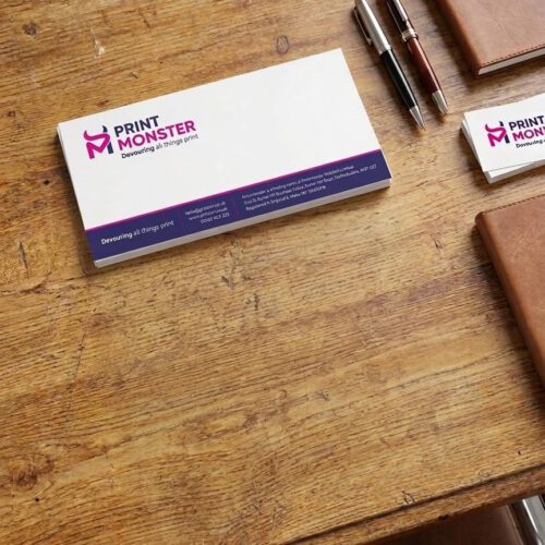 Compliment slip printing shown with branded layouts on premium paper.